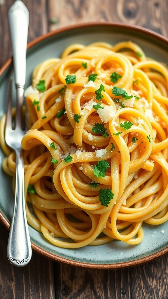 A delicious plate of garlic butter noodles garnished with parsley and Parmesan on a rustic wooden table.